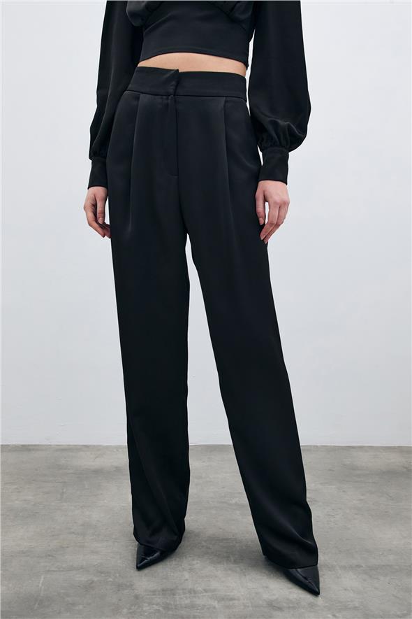 Pileli Saten Krep Pantolon - Siyah