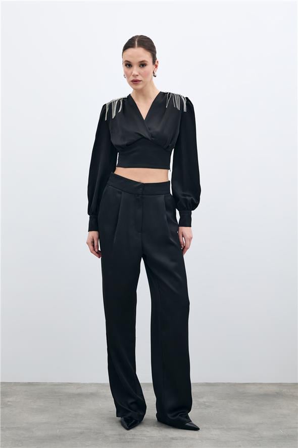 Pileli Saten Krep Pantolon - Siyah