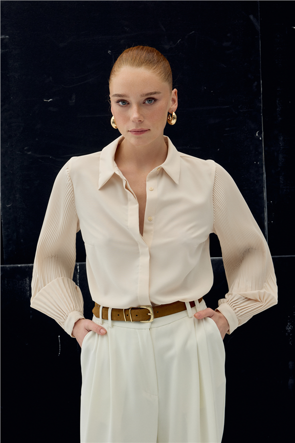 Pilise Kollu Gömlek - Bej