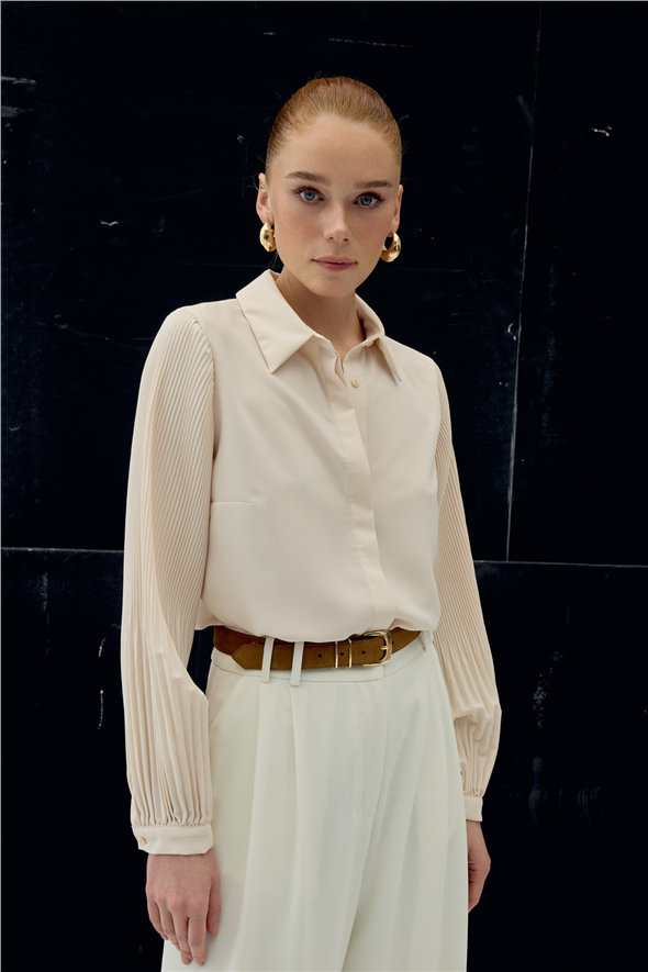 Pilise Kollu Gömlek - Bej