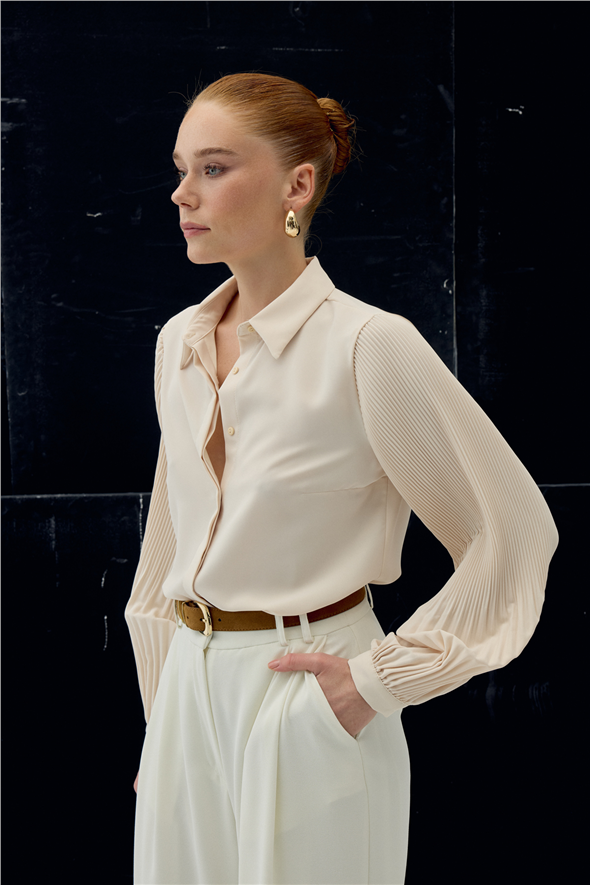 Pilise Kollu Gömlek - Bej