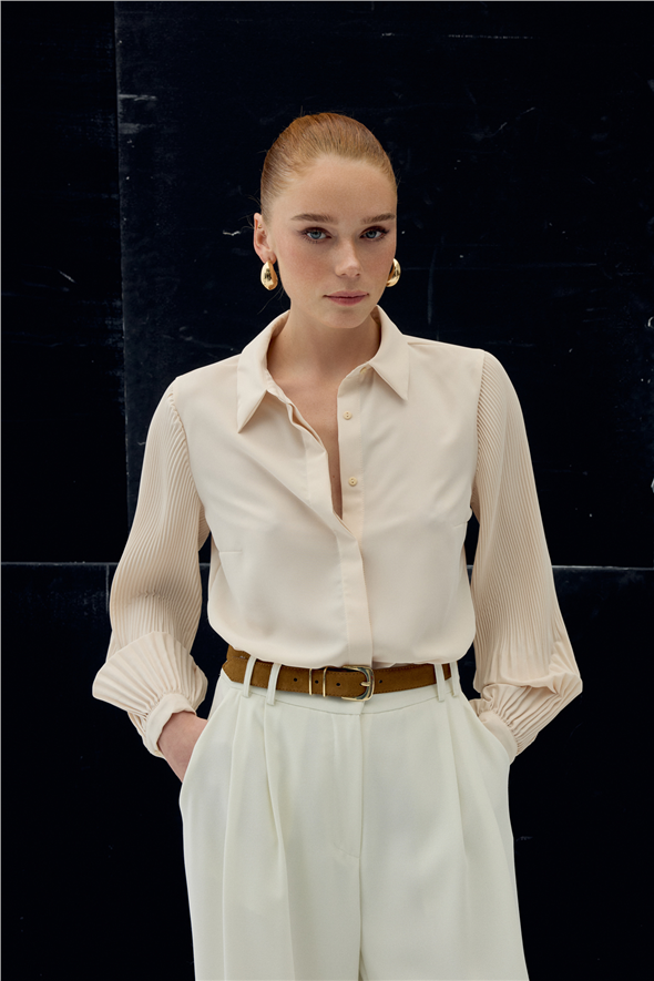 Pilise Kollu Gömlek - Bej