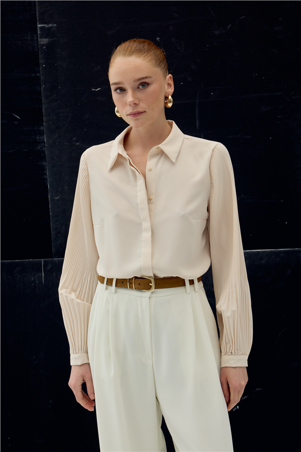 Pilise Kollu Gömlek - Bej