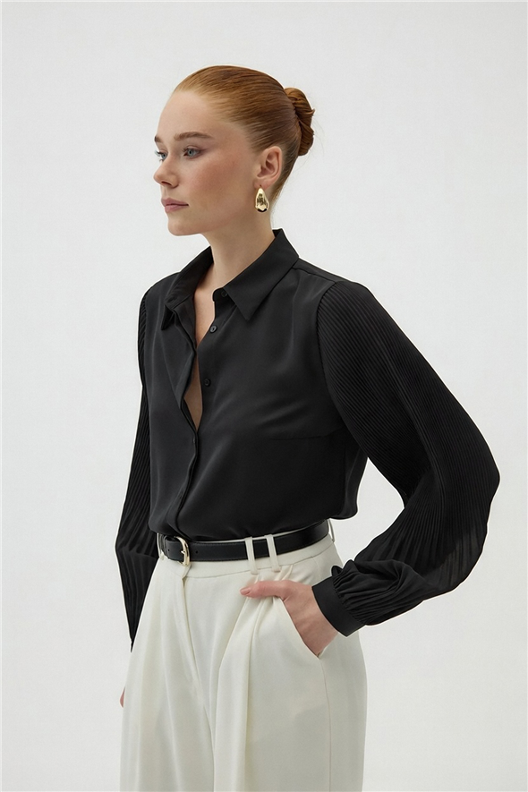 Pilise Kollu Gömlek - Siyah