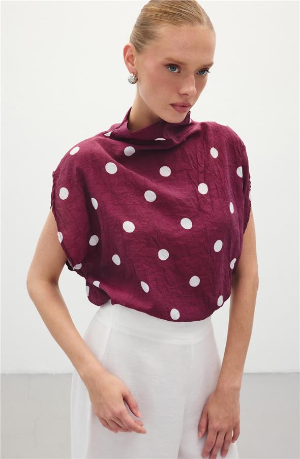 Puantiye Desenli Bluz - Bordo