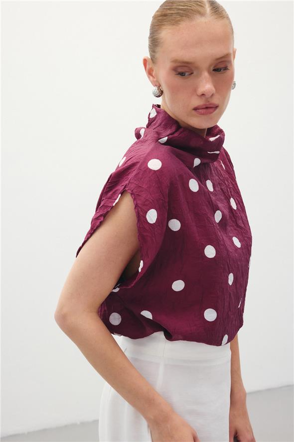 Puantiye Desenli Bluz - Bordo
