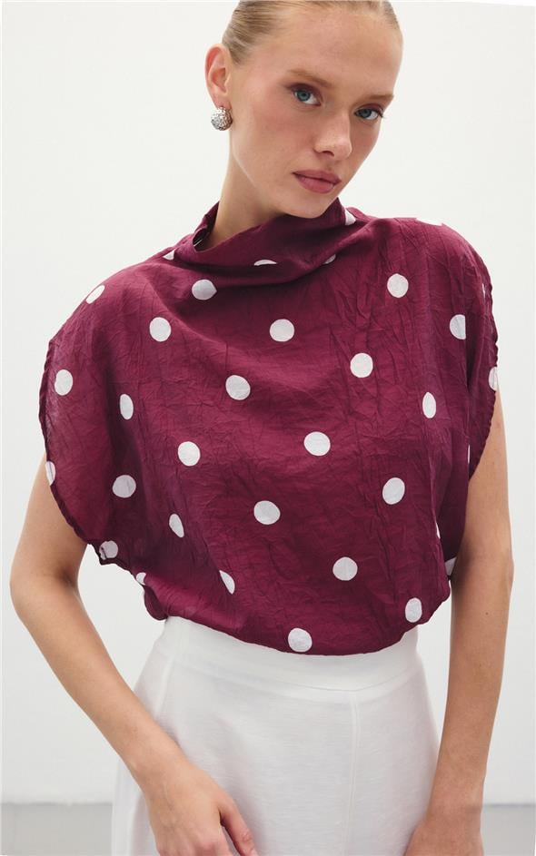 Puantiye Desenli Bluz - Bordo