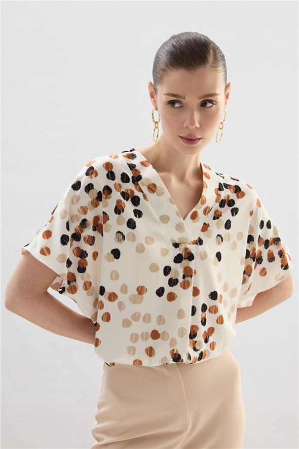 Puantiye Desenli Salaş Bluz - Bej-Kahve