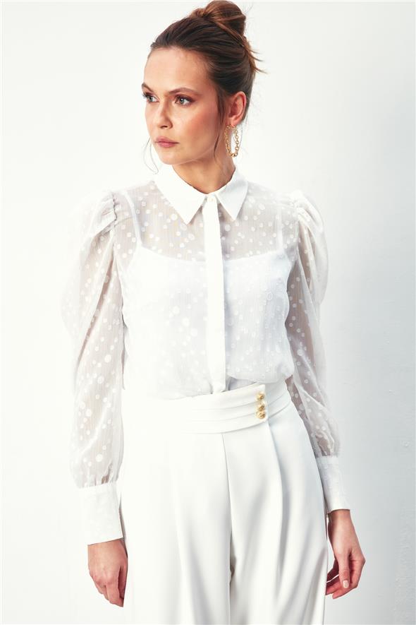 Puantiye Dokulu Gömlek - Ekru