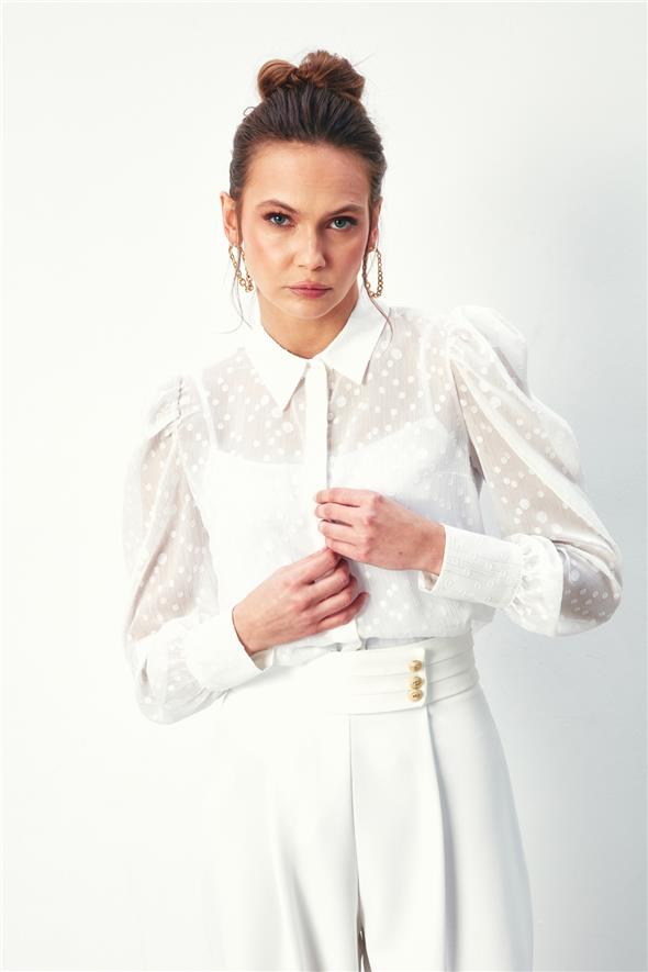 Puantiye Dokulu Gömlek - Ekru