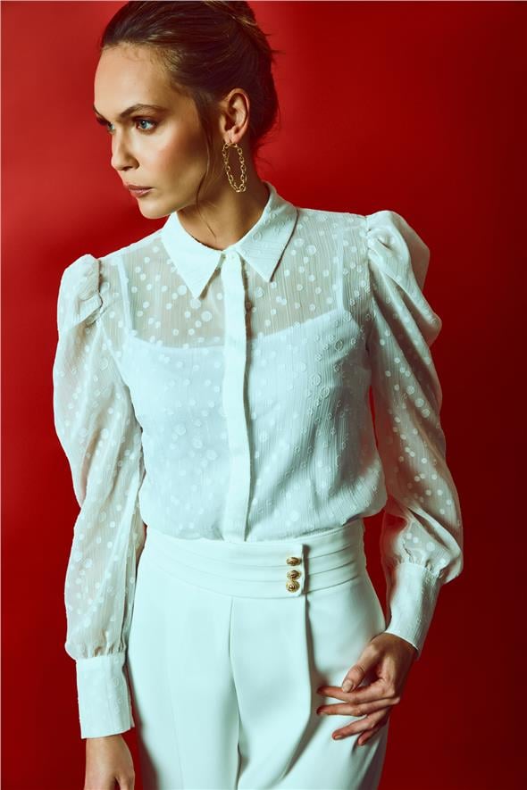 Puantiye Dokulu Gömlek - Ekru