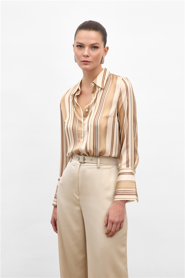 Renkli Çizgili Gömlek - Camel