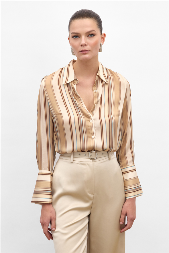 Renkli Çizgili Gömlek - Camel