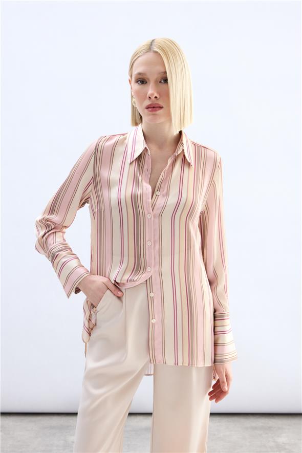Renkli Çizgili Gömlek - Pudra