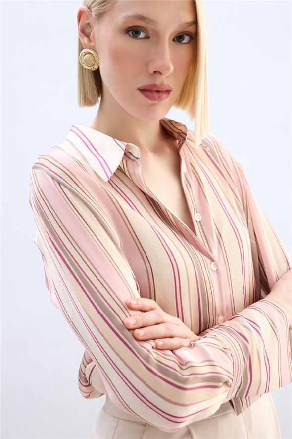 Renkli Çizgili Gömlek - Pudra