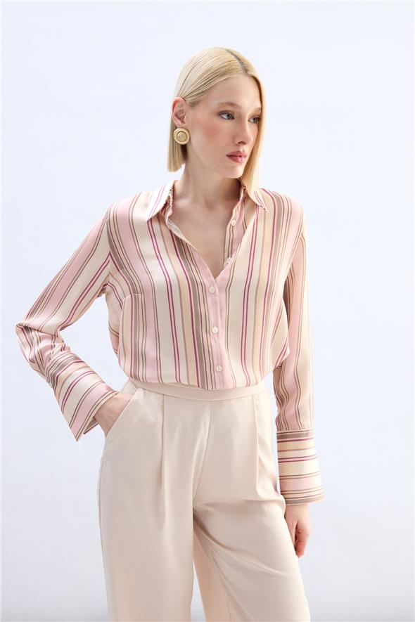 Renkli Çizgili Gömlek - Pudra