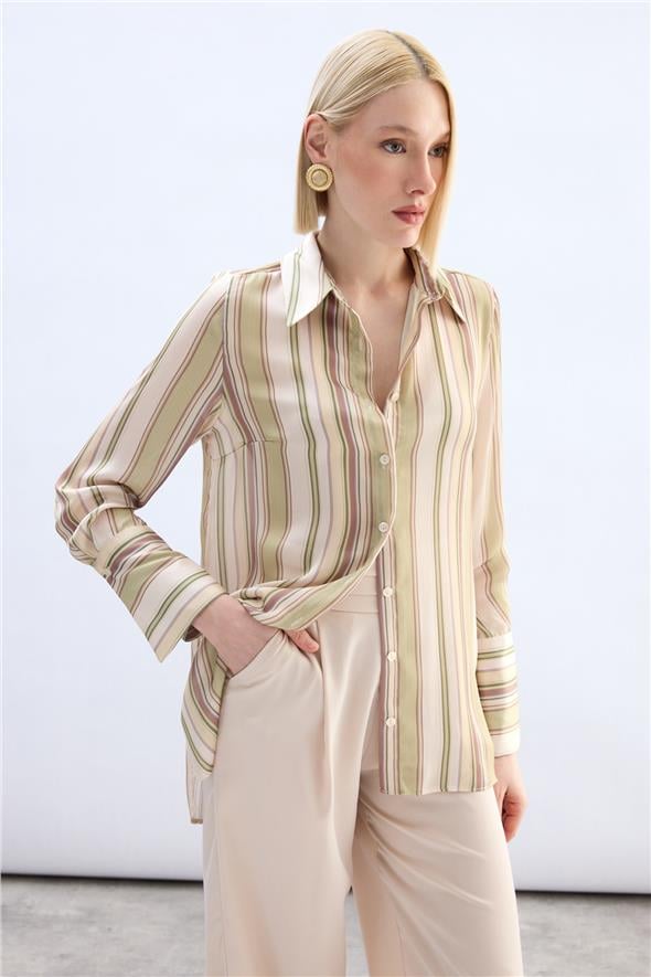 Renkli Çizgili Gömlek - Yağ Yeşili