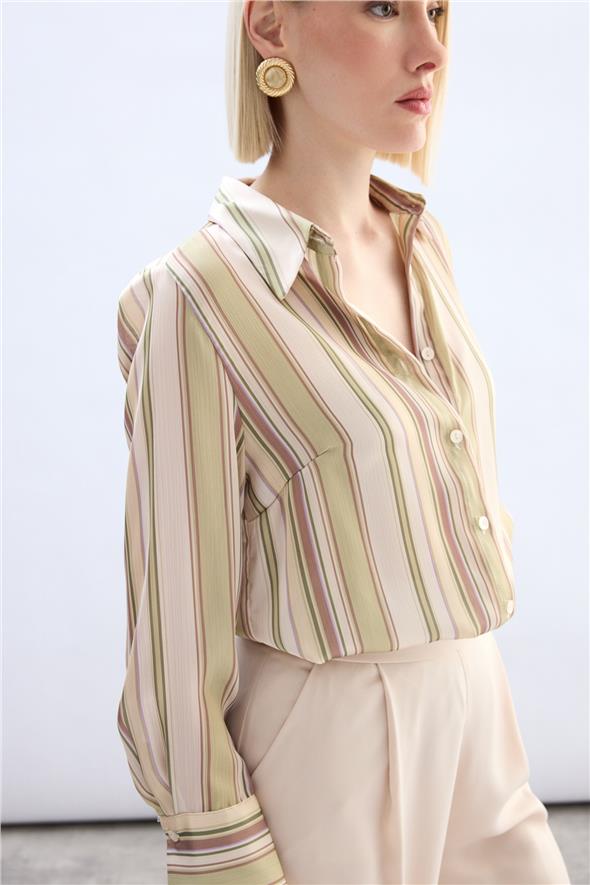 Renkli Çizgili Gömlek - Yağ Yeşili
