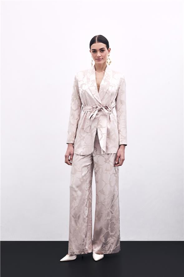 Renkli Jakarlı Pantolon - Pudra