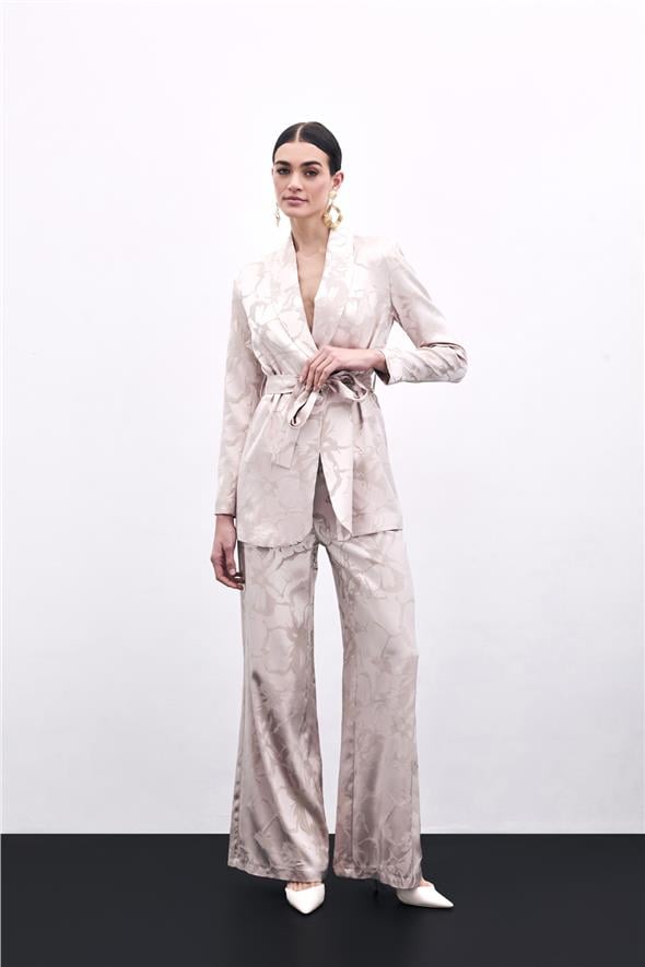 Renkli Jakarlı Pantolon - Pudra