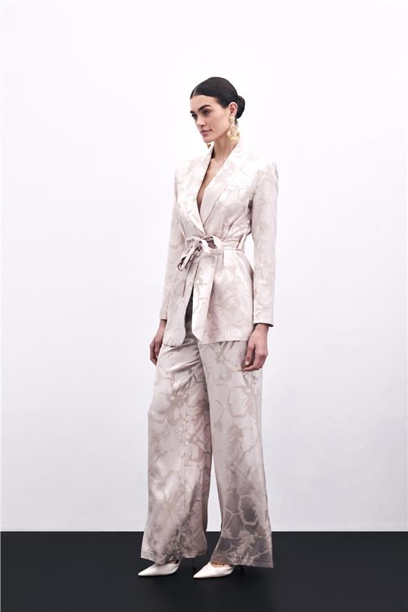 Renkli Jakarlı Pantolon - Pudra