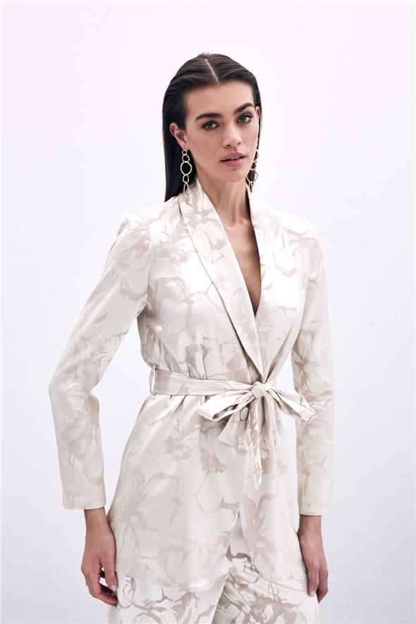 Desenli Uzun Ceket - Bej