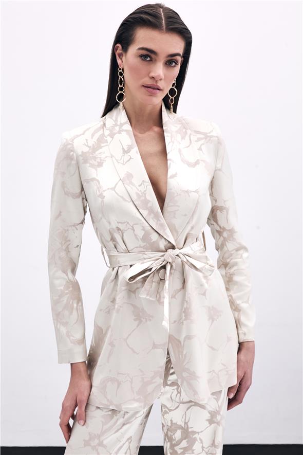 Desenli Uzun Ceket - Bej