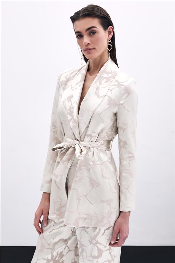 Desenli Uzun Ceket - Bej