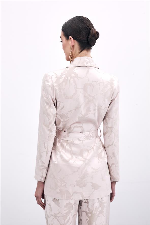 Desenli Uzun Ceket - Pudra