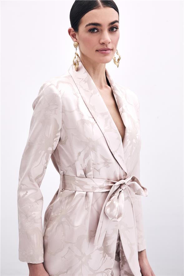 Desenli Uzun Ceket - Pudra