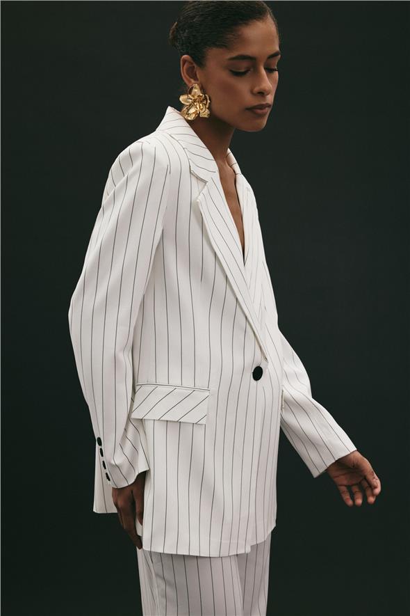 Rina Çizgili Ceket - Ekru