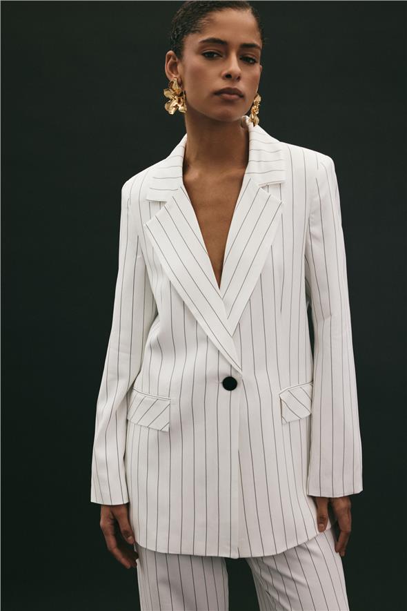 Rina Çizgili Ceket - Ekru