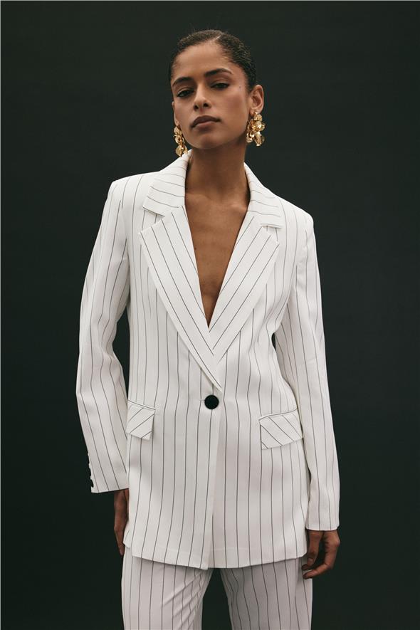 Rina Çizgili Ceket - Ekru