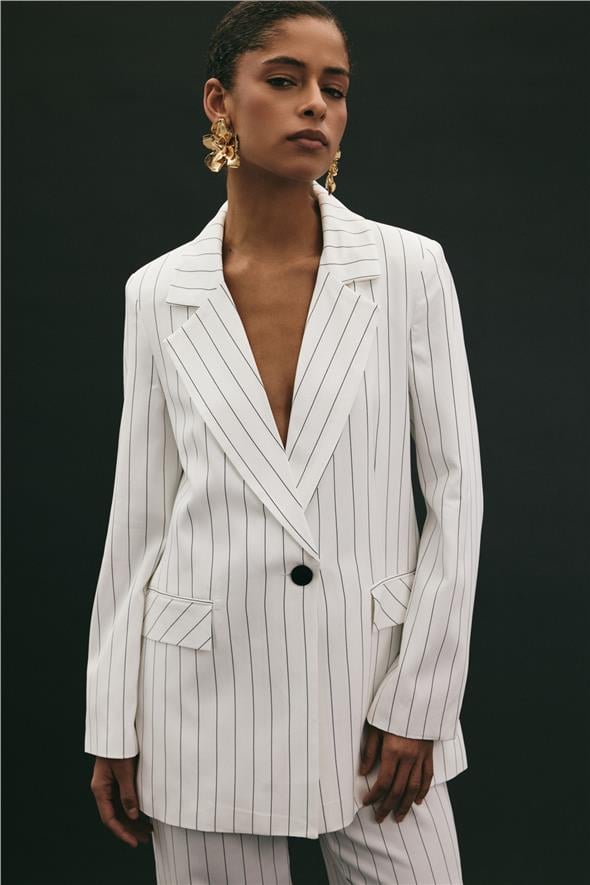 Rina Çizgili Ceket - Ekru