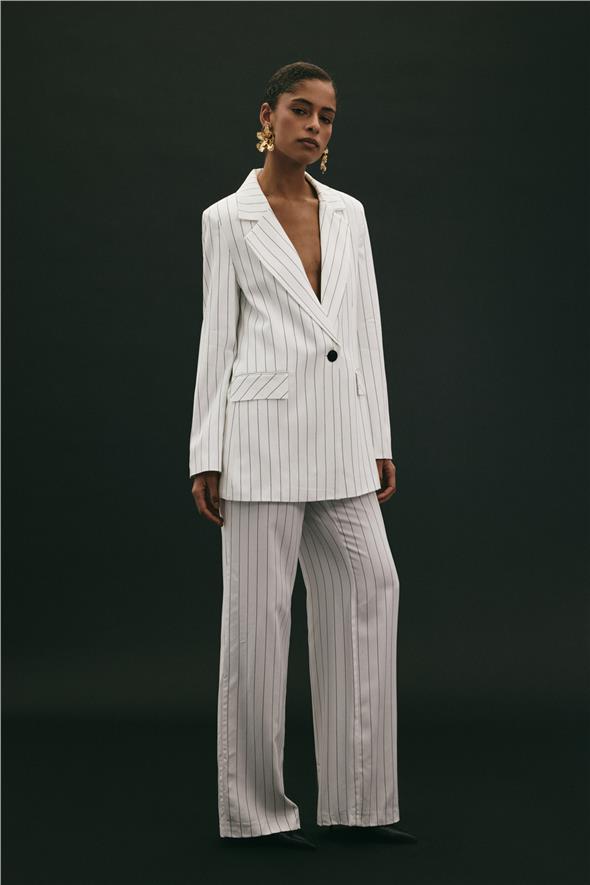 Rina Çizgili Pantolon - Ekru