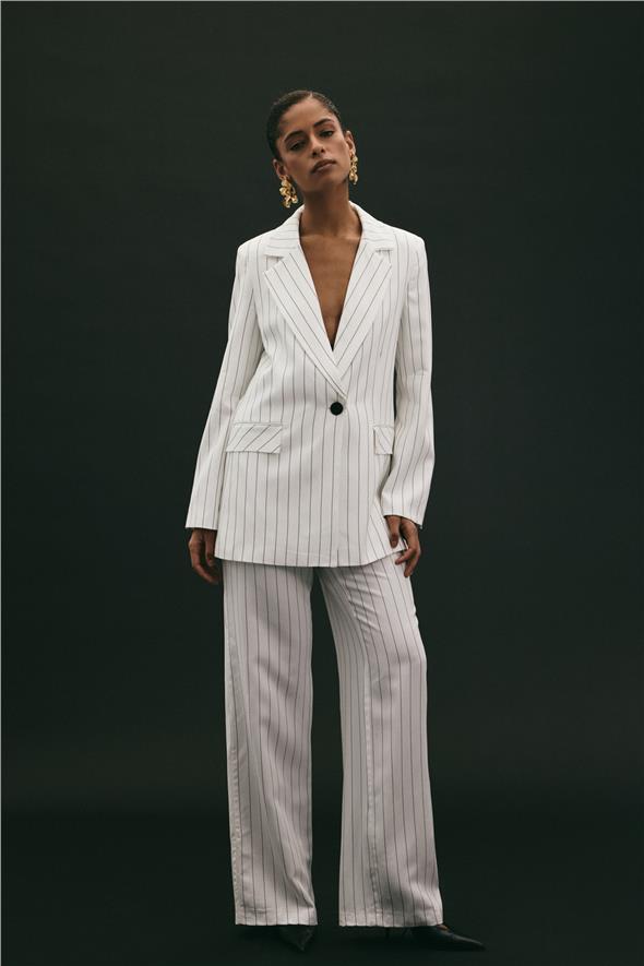 Rina Çizgili Pantolon - Ekru