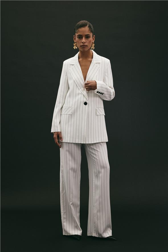 Rina Çizgili Pantolon - Ekru