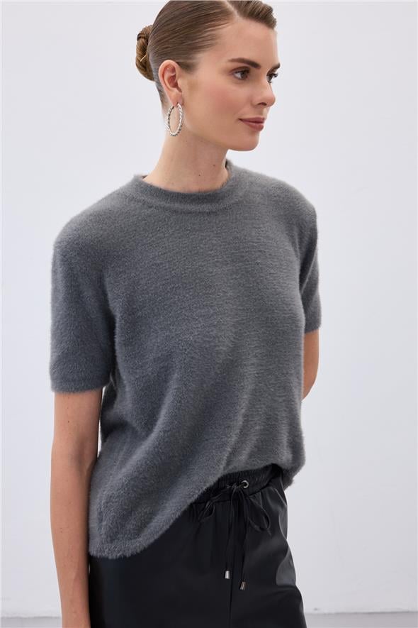 Sakallı Kısa Kol Triko - Antrasit