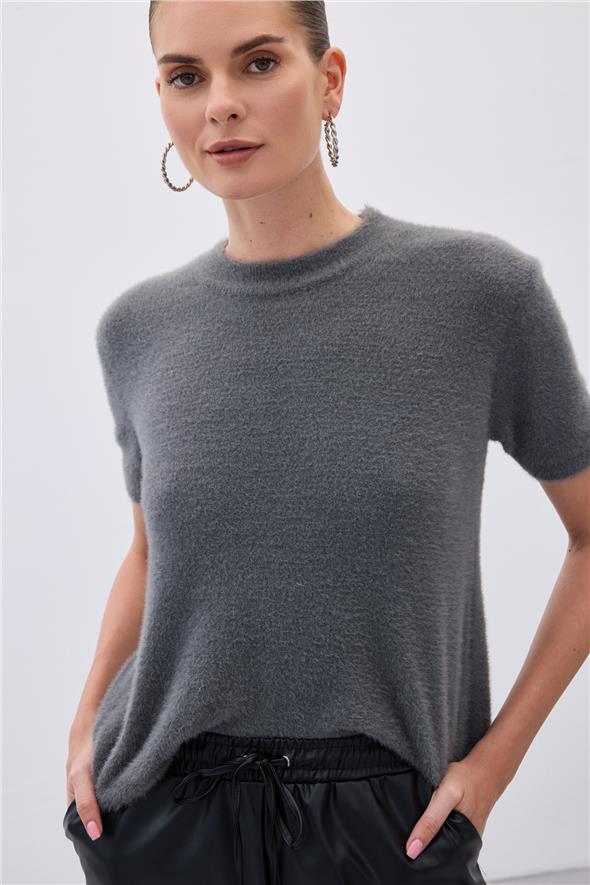 Sakallı Kısa Kol Triko - Antrasit
