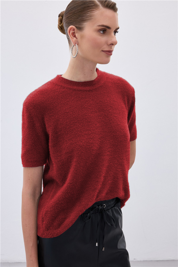 Sakallı Kısa Kol Triko - Bordo