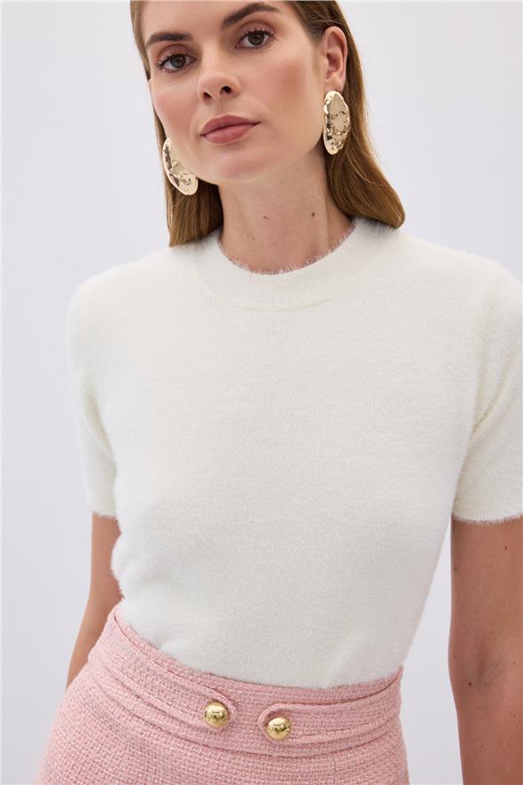 Sakallı Kısa Kol Triko - Ekru