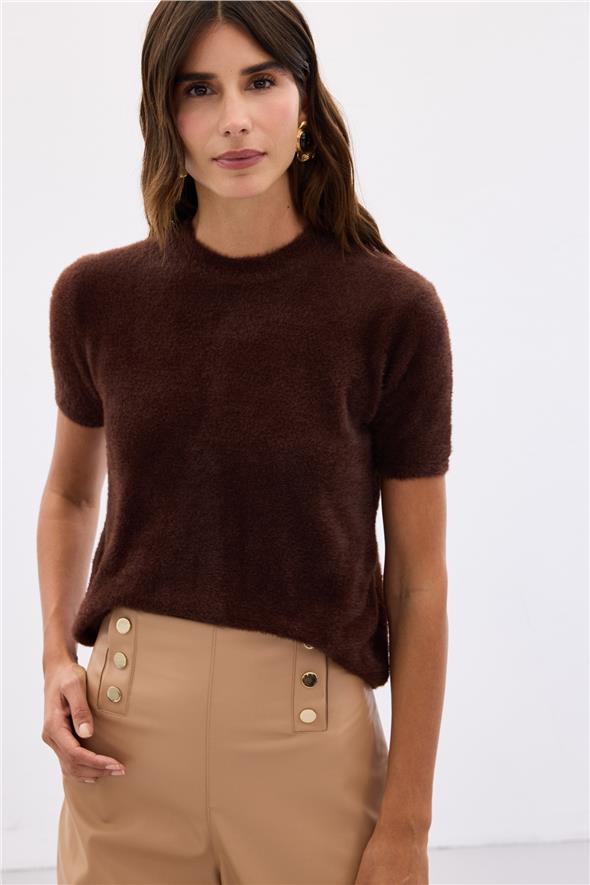 Sakallı Kısa Kol Triko - Kahve