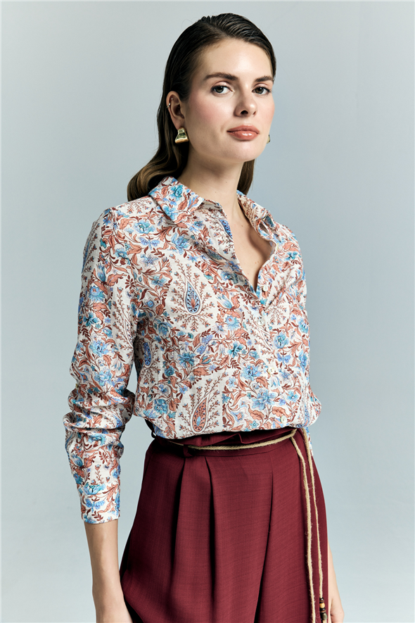 Şal Desen Kolu Katlamalı Gömlek - Mavi