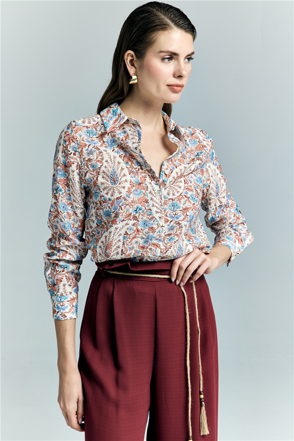 Şal Desen Kolu Katlamalı Gömlek - Mavi