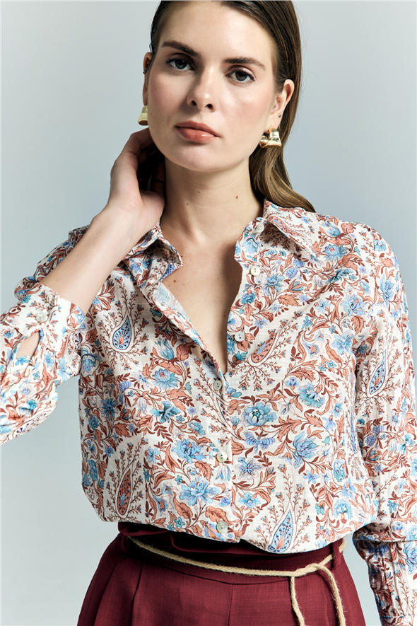 Şal Desen Kolu Katlamalı Gömlek - Mavi