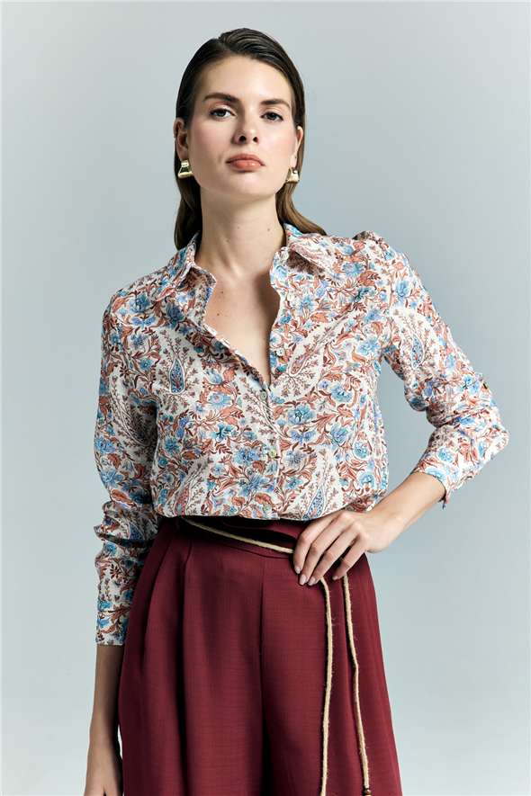 Şal Desen Kolu Katlamalı Gömlek - Mavi