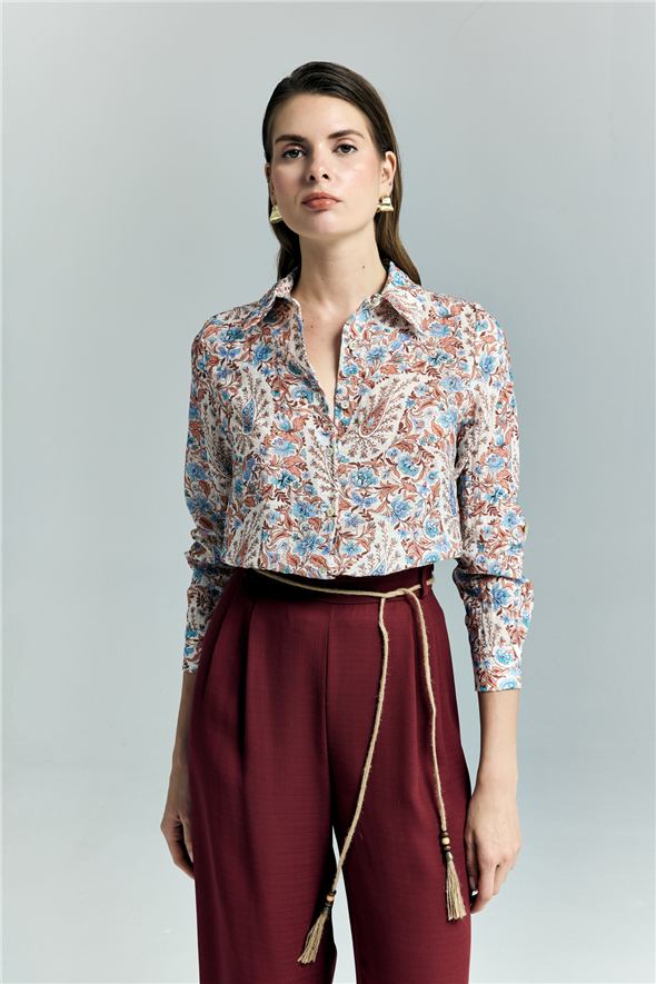 Şal Desen Kolu Katlamalı Gömlek - Mavi