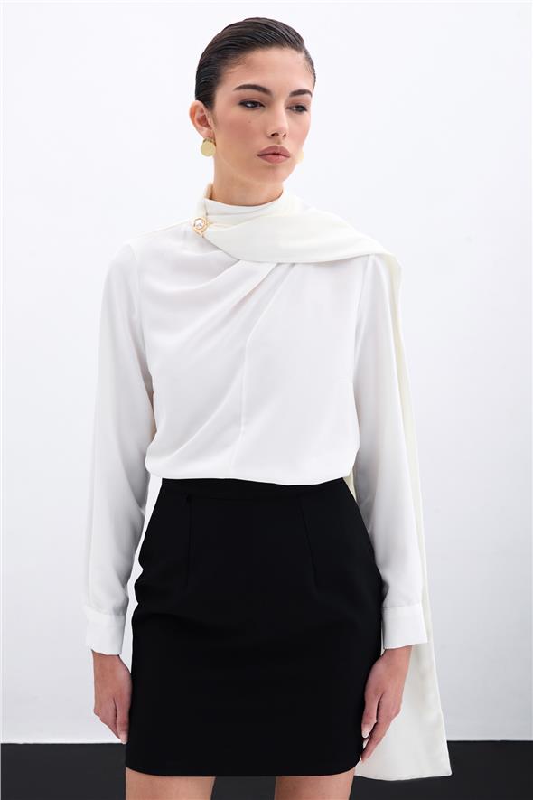 Şal Detaylı Bluz - Ekru