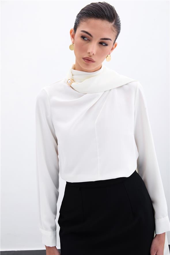 Şal Detaylı Bluz - Ekru
