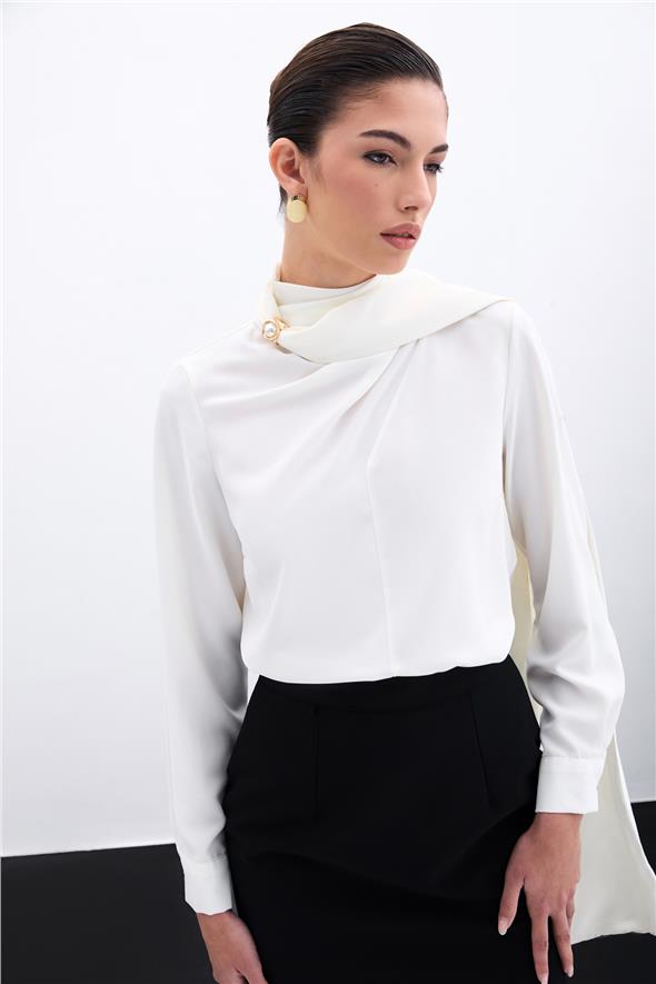 Şal Detaylı Bluz - Ekru